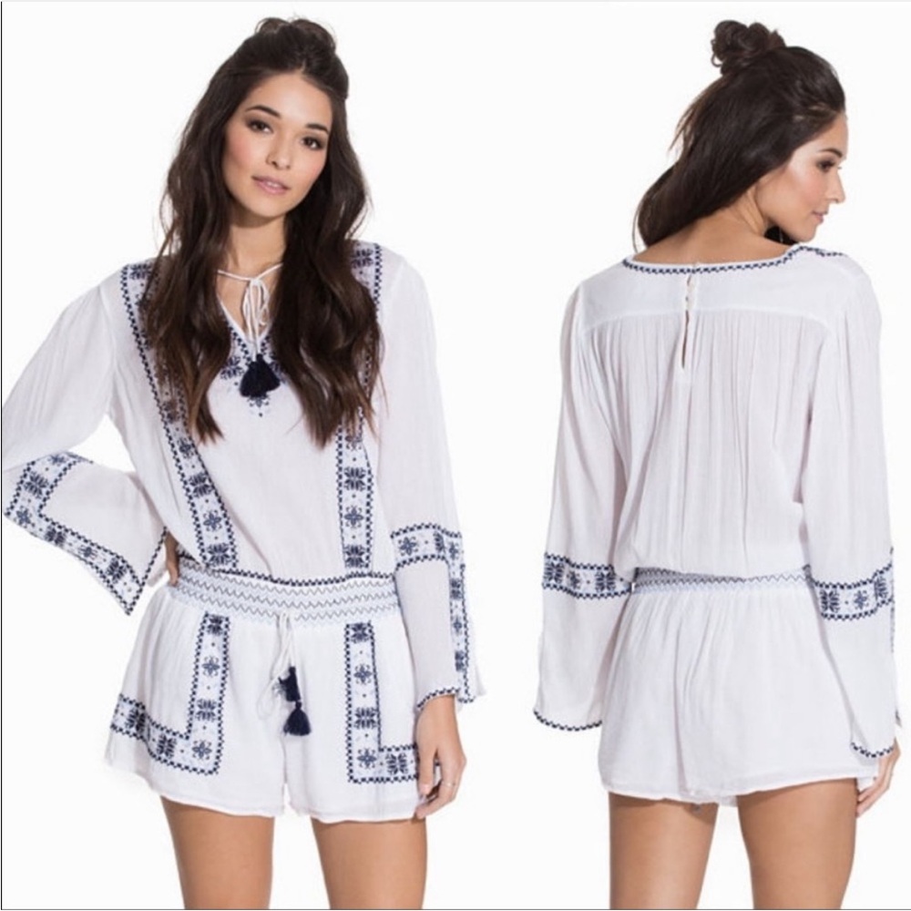 Denim and Supply Ralph Lauren Embroidered Long Sleeve Romper blue and white LG